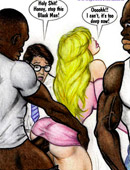 Cartoon blonde cutie in short pink dress gets ass fucked right in front of her hubby.