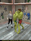 Blonde box referee serving two huge green boxers after the box match