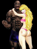 Cartoon blonde hottie with huge juggs giving a head to black stud in the library.
