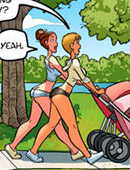 Sex hungry hunk following two naughty cartoon babes while they are walking in the park.