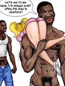 Pigtailed blonde toon chick moves aside her white panty just to be fucked by black dudes.