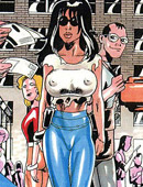 Picked up in the clun busty cartoon beauty involved in rought threesome sex by two dudes.
