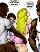 Cartoon blonde cutie in short pink dress gets ass fucked right in front of her hubby.