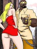 Blonde cartoon cheerleader in red outfit practicing her cock sucking skills with black guy.