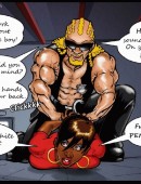 Busty black chick in cuffs gets mouthful of semen from white dick