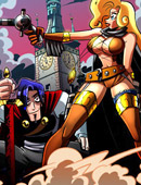 Blonde drawn stunner with big boobs fighting with sexy cruel witch.